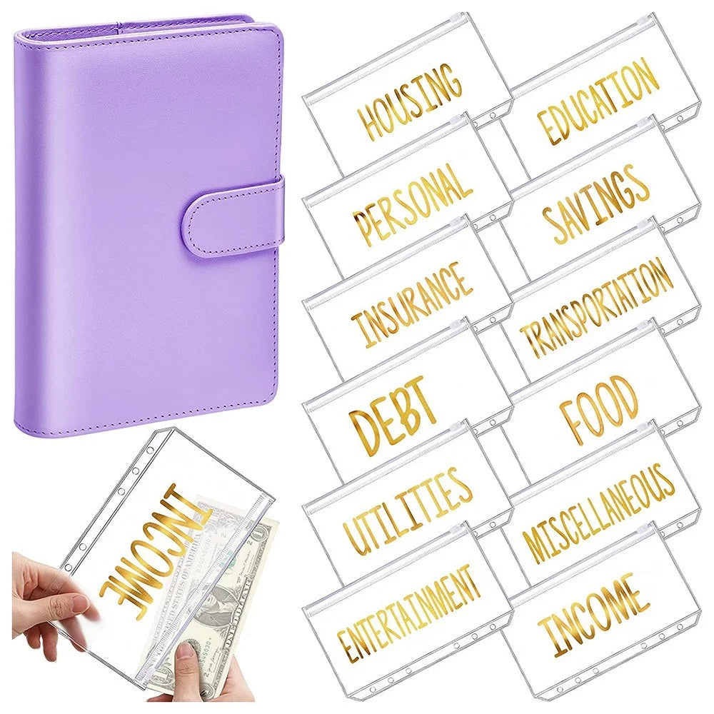 A6 PU Leather 6 Rings Binder Notebook Budget Planner Money Organizer Binder Cover with 12 Gold Word Design PVC Pockets - 1