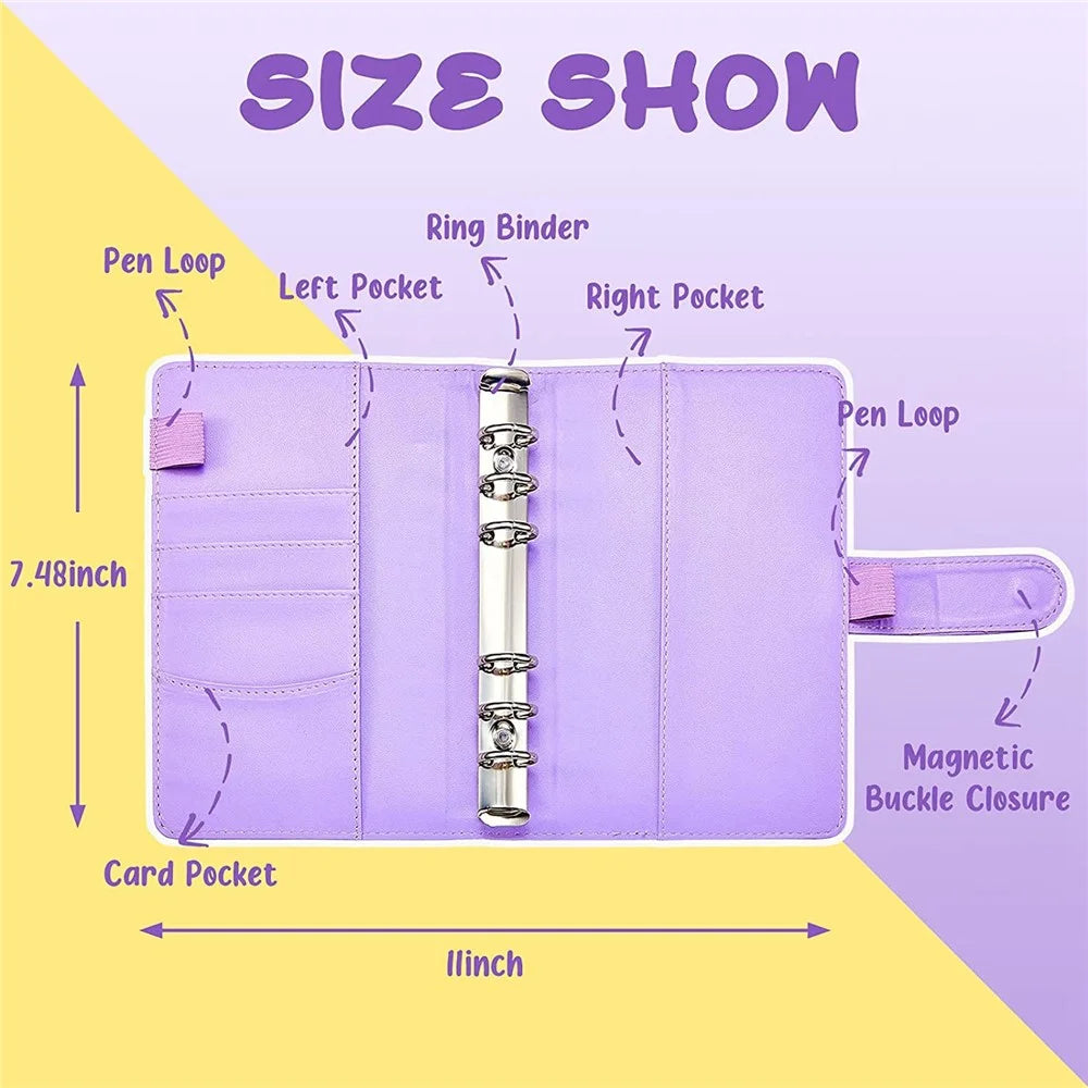 A6 PU Leather 6 Rings Binder Notebook Budget Planner Money Organizer Binder Cover with 12 Gold Word Design PVC Pockets - 2