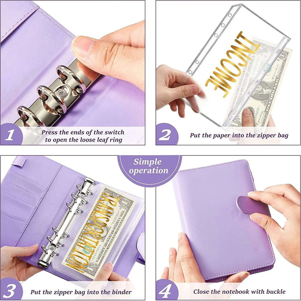 A6 PU Leather 6 Rings Binder Notebook Budget Planner Money Organizer Binder Cover with 12 Gold Word Design PVC Pockets - 4