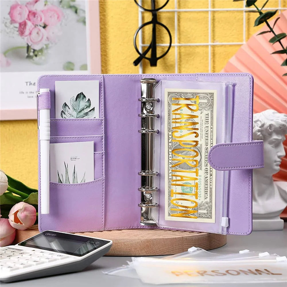A6 PU Leather 6 Rings Binder Notebook Budget Planner Money Organizer Binder Cover with 12 Gold Word Design PVC Pockets - 5