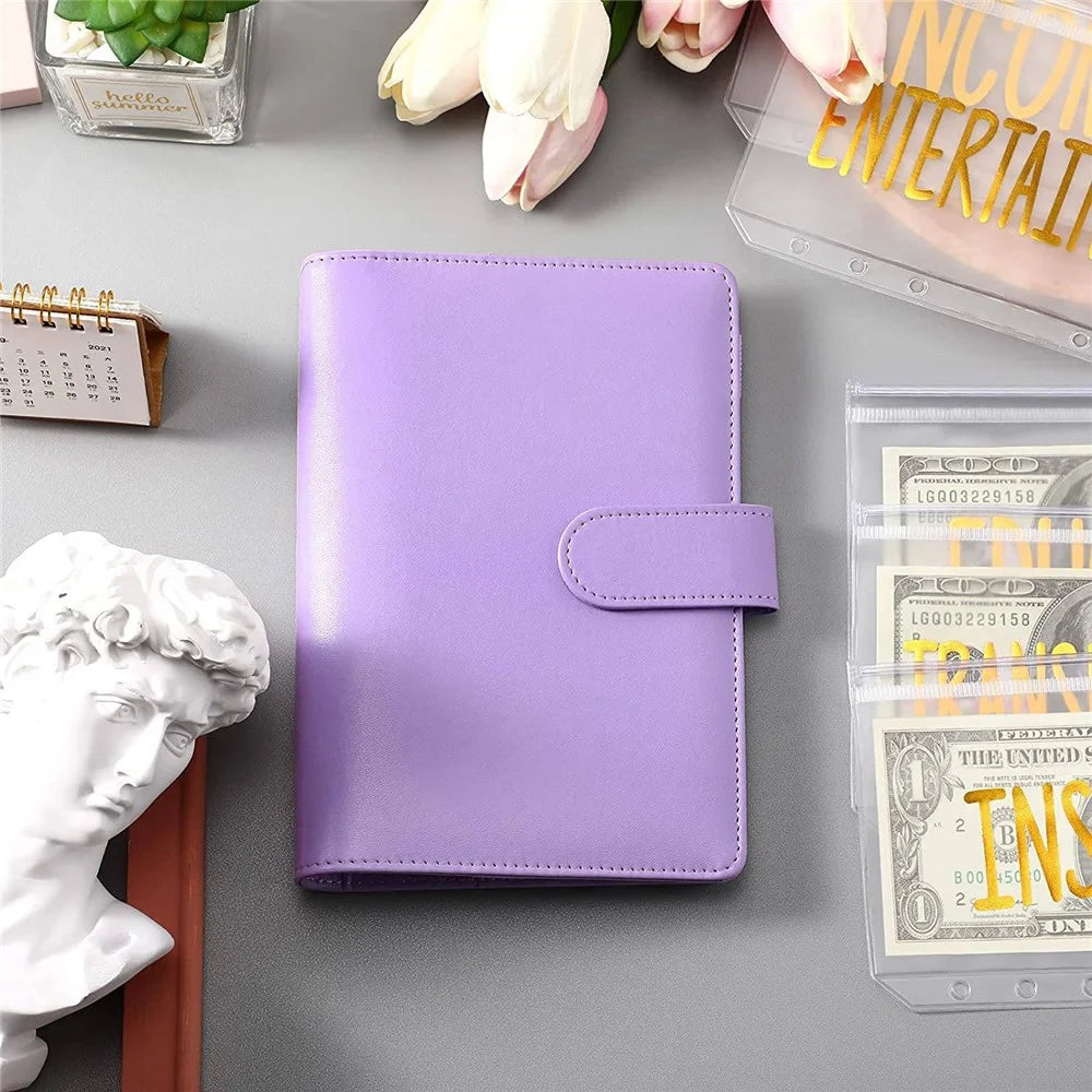 A6 PU Leather 6 Rings Binder Notebook Budget Planner Money Organizer Binder Cover with 12 Gold Word Design PVC Pockets - 6