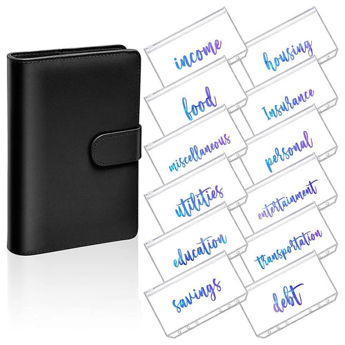 A6 PU Leather 6 Rings Binder Notebook Budget Planner Binder Cover with 12 PVC Zipper Pockets - Black - 1