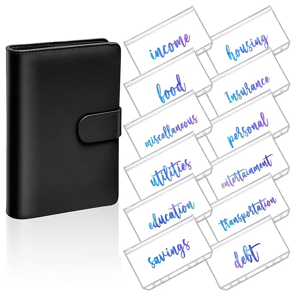 A6 PU Leather 6 Rings Binder Notebook Budget Planner Binder Cover with 12 PVC Zipper Pockets - Black - 1