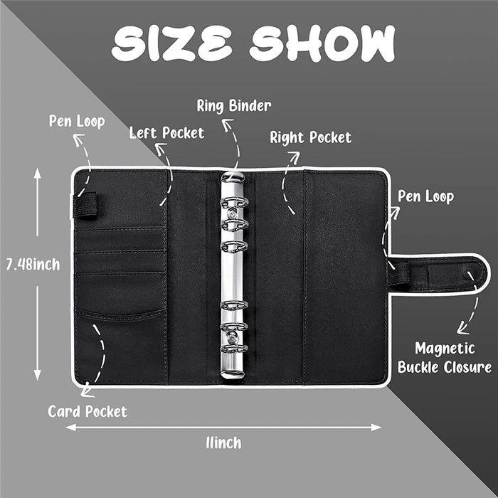 A6 PU Leather 6 Rings Binder Notebook Budget Planner Binder Cover with 12 PVC Zipper Pockets - Black - 4