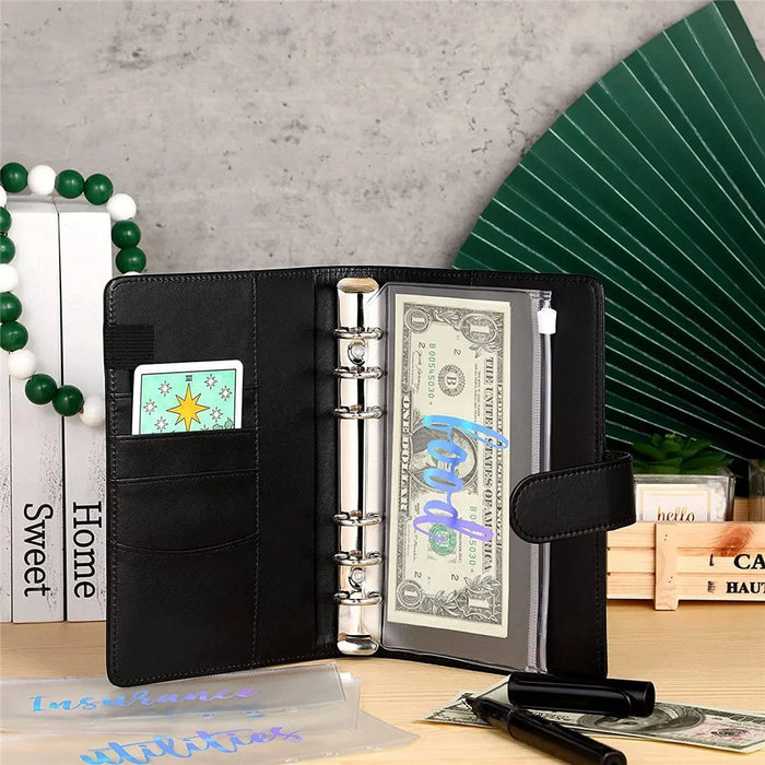 A6 PU Leather 6 Rings Binder Notebook Budget Planner Binder Cover with 12 PVC Zipper Pockets - Black - 5