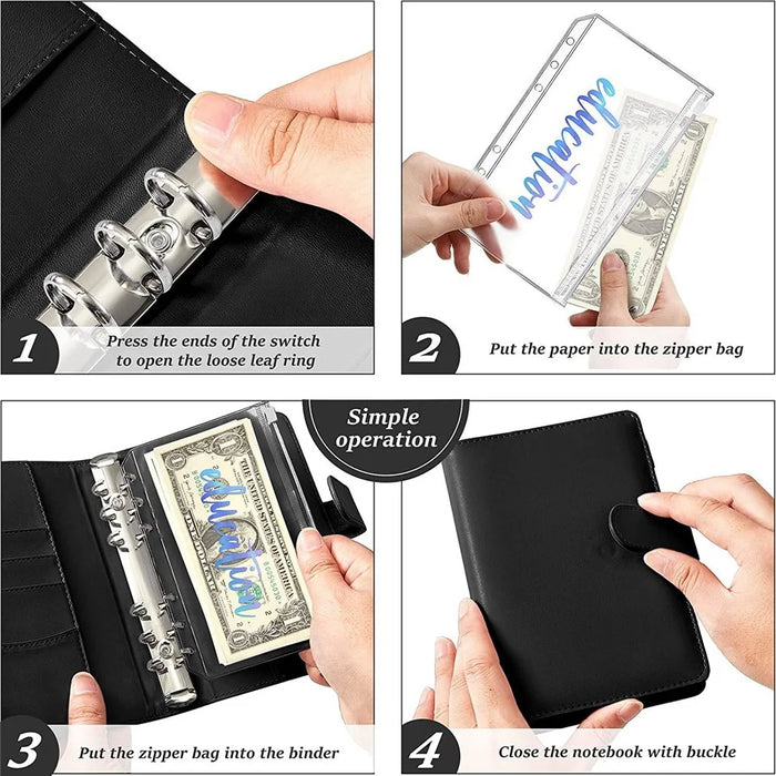 A6 PU Leather 6 Rings Binder Notebook Budget Planner Binder Cover with 12 PVC Zipper Pockets - Black - 7