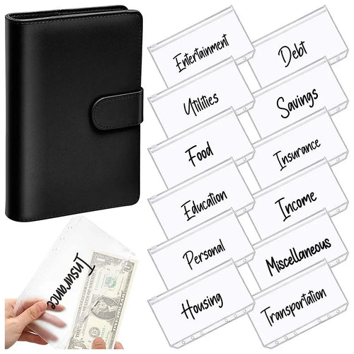 A6 PU Leather Notebook Budget Planner Organizer 6 Ring Binder Cover 12 Binder Pockets - Black - 1