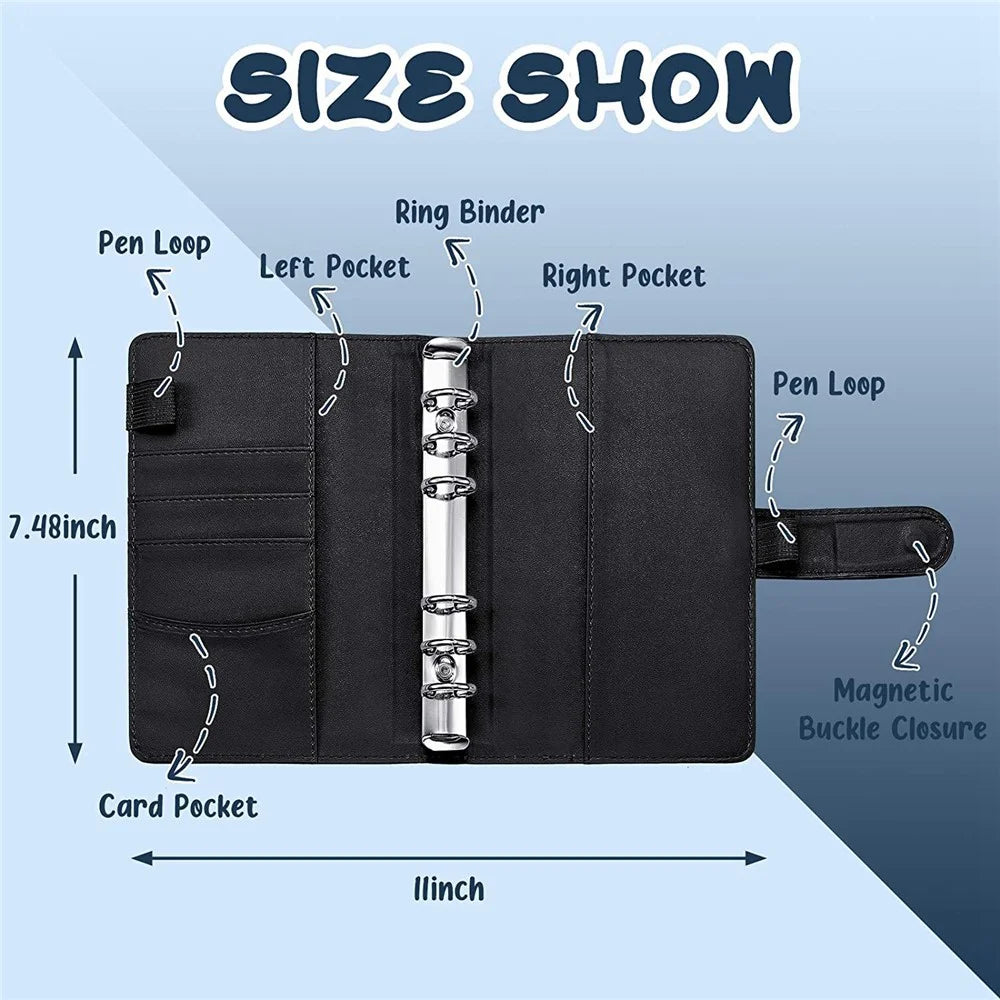 A6 PU Leather Notebook Budget Planner Organizer 6 Ring Binder Cover 12 Binder Pockets - Black - 2