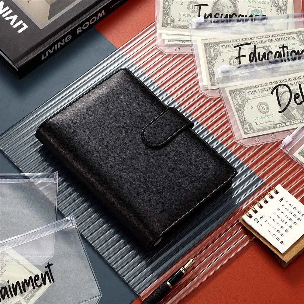 A6 PU Leather Notebook Budget Planner Organizer 6 Ring Binder Cover 12 Binder Pockets - Black - 4