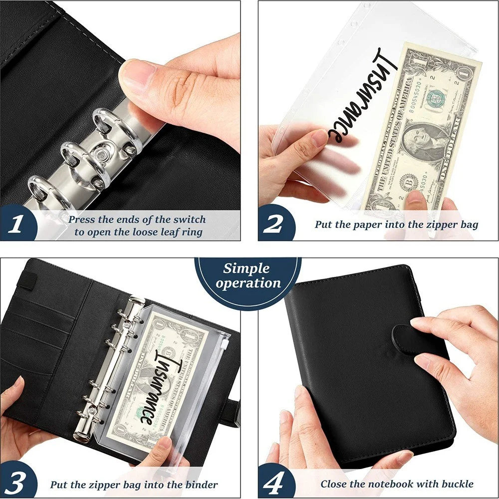 A6 PU Leather Notebook Budget Planner Organizer 6 Ring Binder Cover 12 Binder Pockets - Black - 6