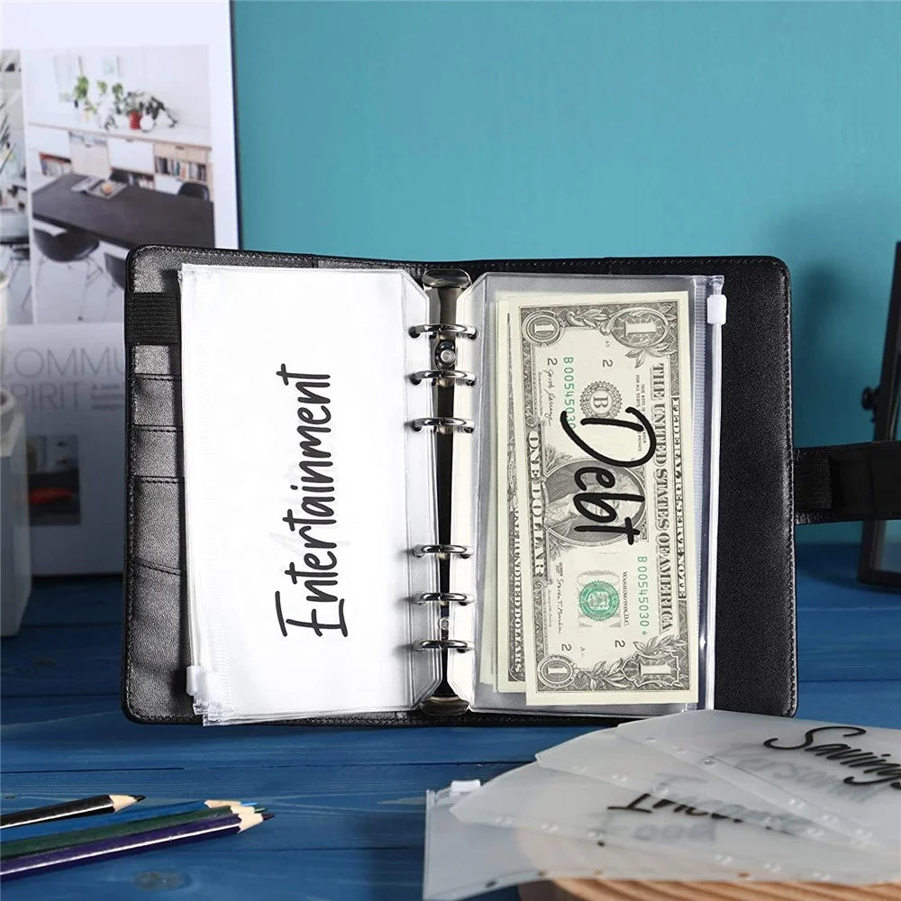 A6 PU Leather Notebook Budget Planner Organizer 6 Ring Binder Cover 12 Binder Pockets - Black - 7