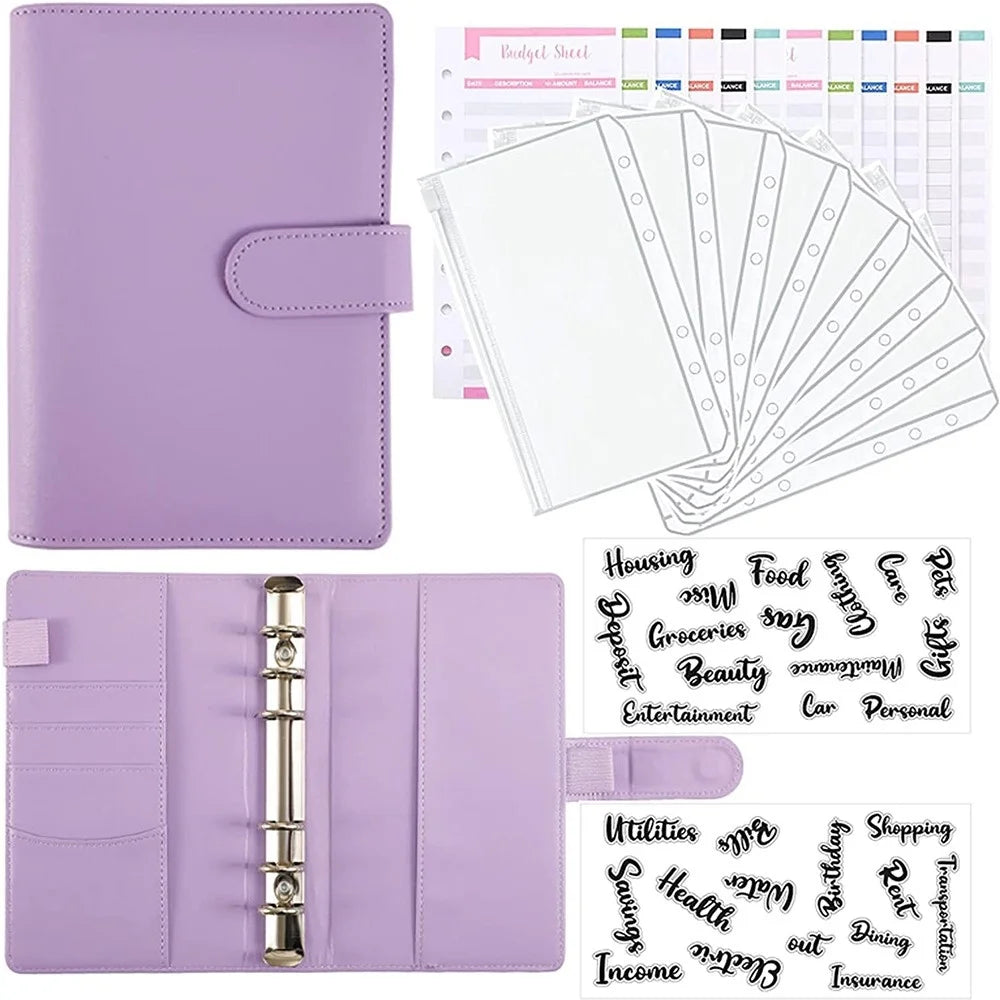 A6 PU Leather Notebook Cover Loose-leaf Binder Budget Planner Organizer 8 Storage Pockets 12 Budget Sheets - Purple - 1