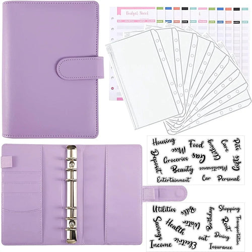 A6 PU Leather Notebook Cover Loose-leaf Binder Budget Planner Organizer 8 Storage Pockets 12 Budget Sheets - Purple - 1