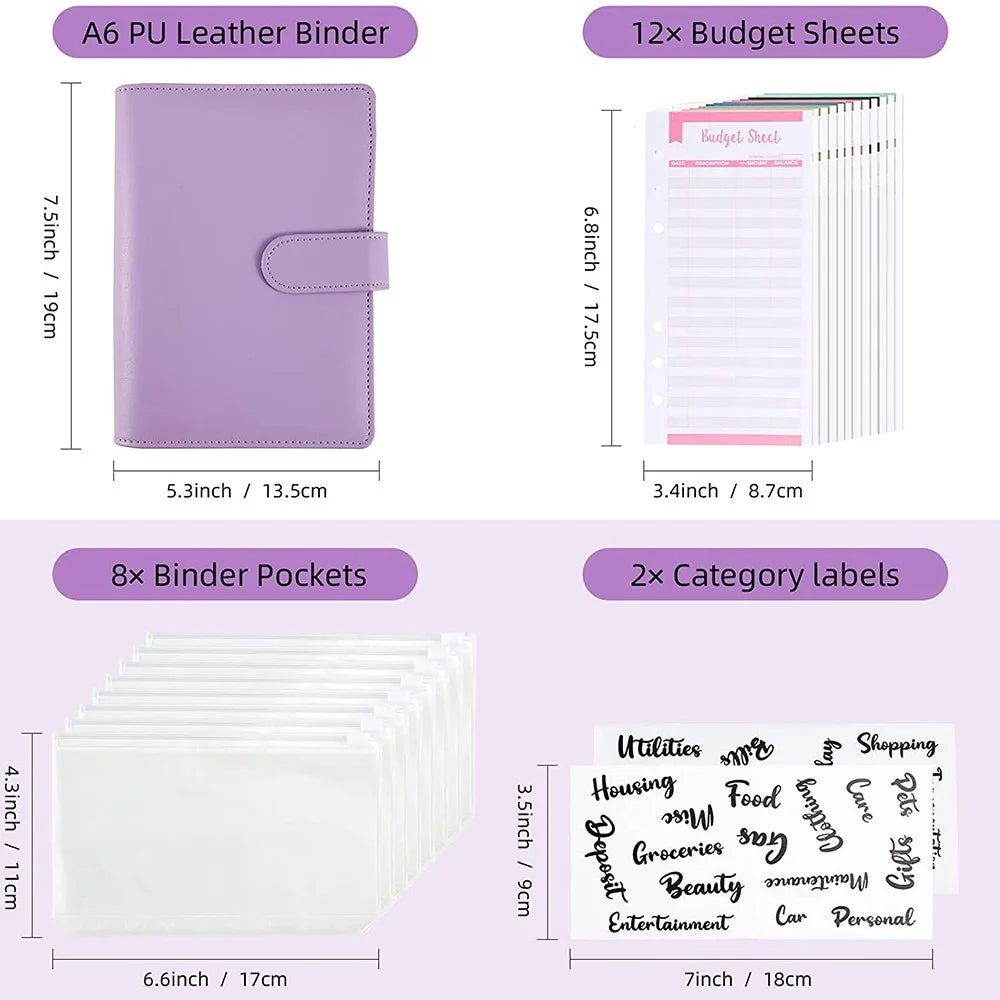A6 PU Leather Notebook Cover Loose-leaf Binder Budget Planner Organizer 8 Storage Pockets 12 Budget Sheets - Purple - 3