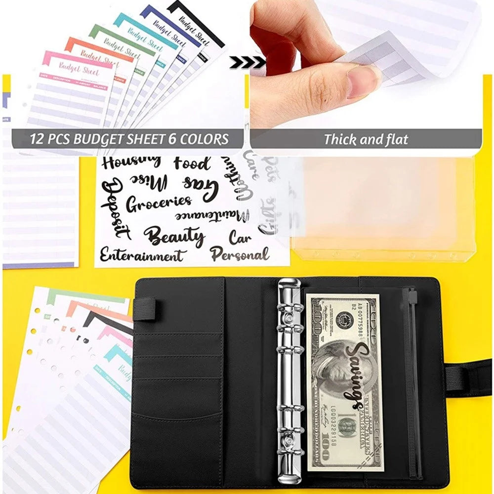 A6 PU Leather Notebook Cover Loose-leaf Binder Budget Planner Organizer 8 Storage Pockets 12 Budget Sheets - Purple - 4