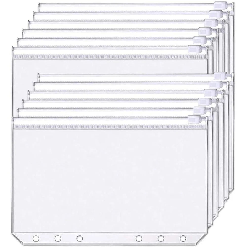 12Pcs Clear PVC A6 Binder Pockets Zipper Folders for 6-Ring Notebook Binder Files Reports Binder - 1