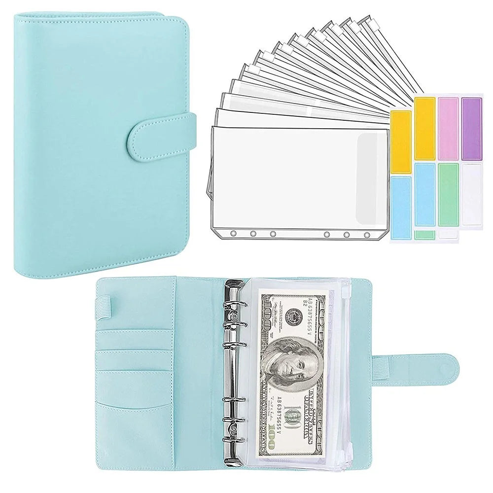 6 Rings A6 PU Leather Binder Bill Card Money Organizer Magnetic Clasp Binder Cover Notebook with 12 PVC Pockets and 2 Label Stickers - Sky Blue - 1