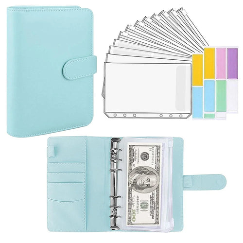 6 Rings A6 PU Leather Binder Bill Card Money Organizer Magnetic Clasp Binder Cover Notebook with 12 PVC Pockets and 2 Label Stickers - Sky Blue - 1