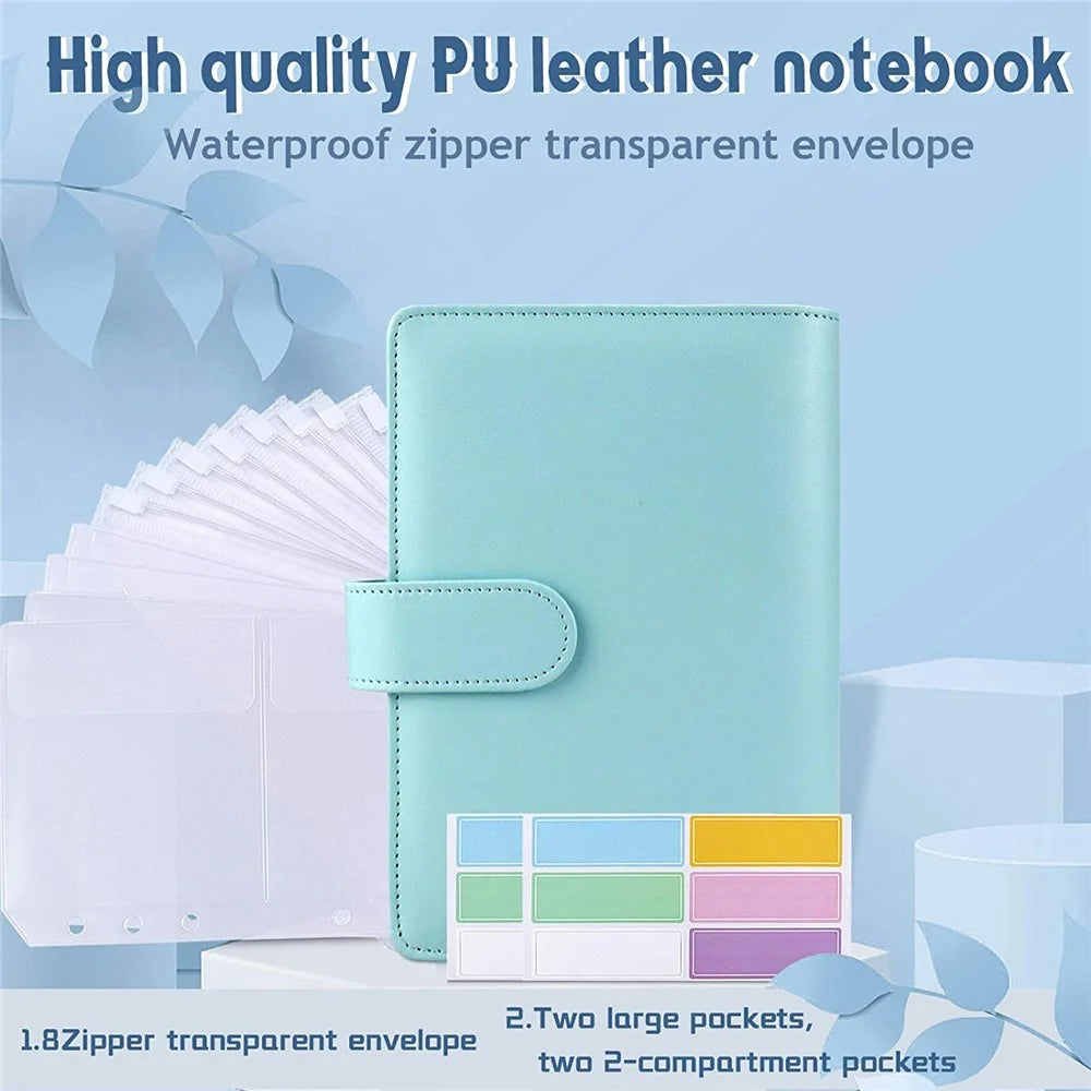 6 Rings A6 PU Leather Binder Bill Card Money Organizer Magnetic Clasp Binder Cover Notebook with 12 PVC Pockets and 2 Label Stickers - Sky Blue - 3