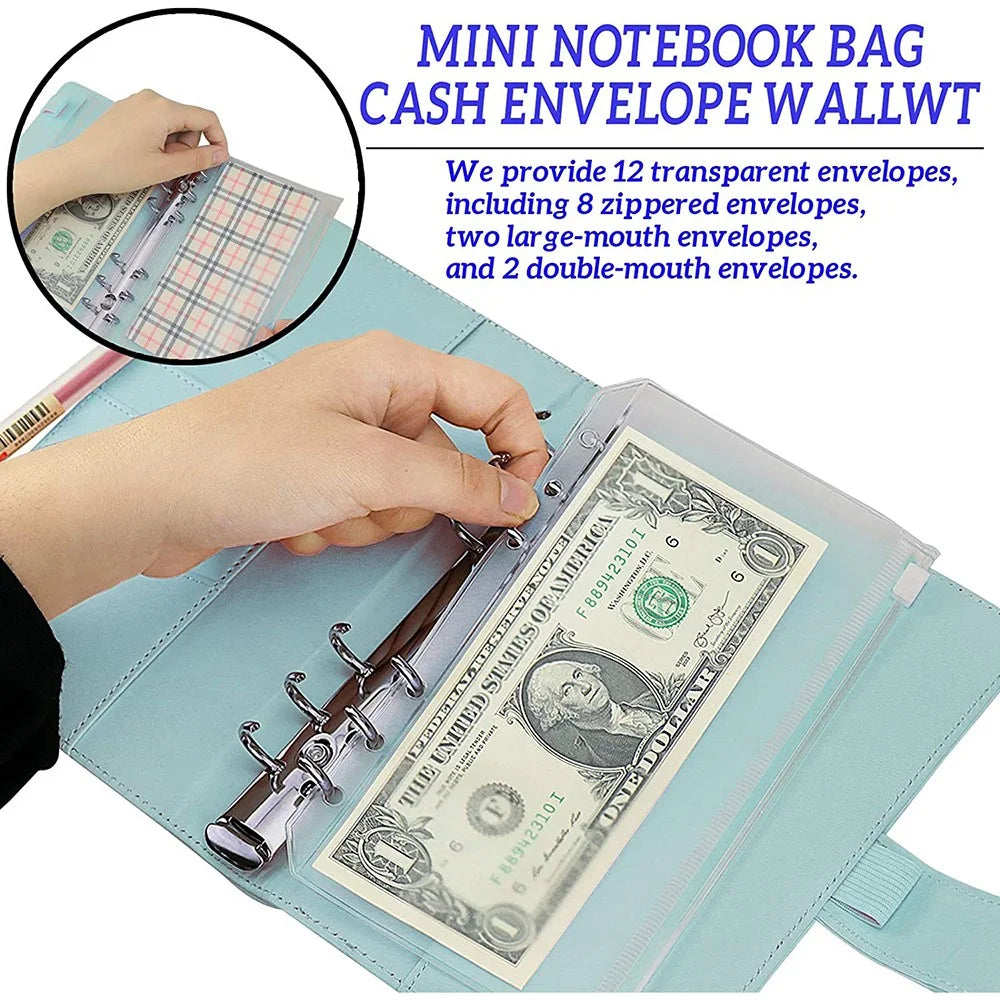 6 Rings A6 PU Leather Binder Bill Card Money Organizer Magnetic Clasp Binder Cover Notebook with 12 PVC Pockets and 2 Label Stickers - Sky Blue - 4