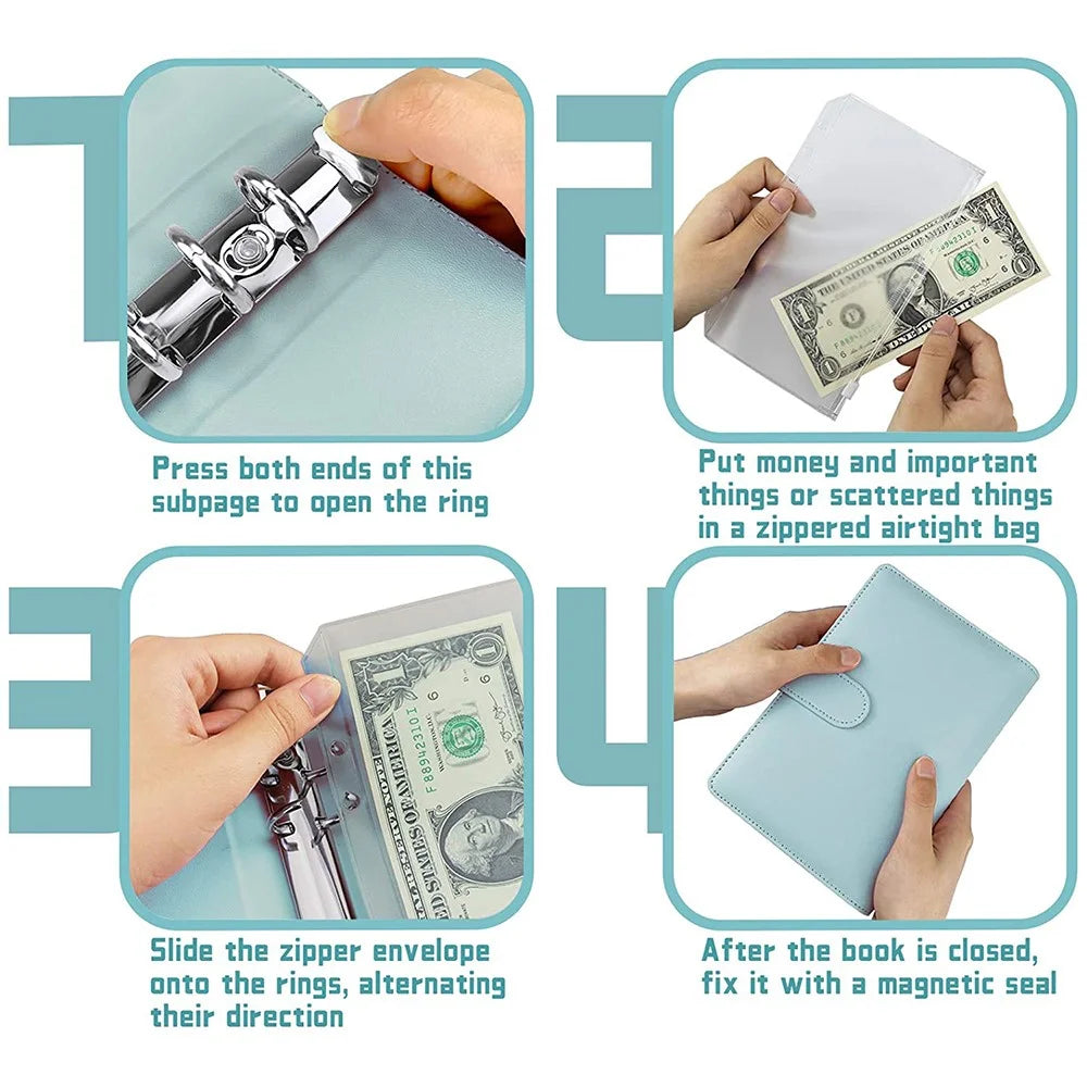 6 Rings A6 PU Leather Binder Bill Card Money Organizer Magnetic Clasp Binder Cover Notebook with 12 PVC Pockets and 2 Label Stickers - Sky Blue - 5