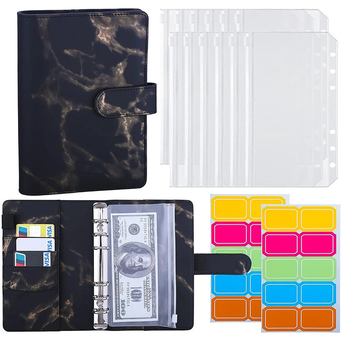Marble Pattern A6 PU Leather Binder Magnetic Clasp 6 Rings Binder Cover Notebook with 12 PVC Pockets and 2 Random Color Label Stickers - Black - 1