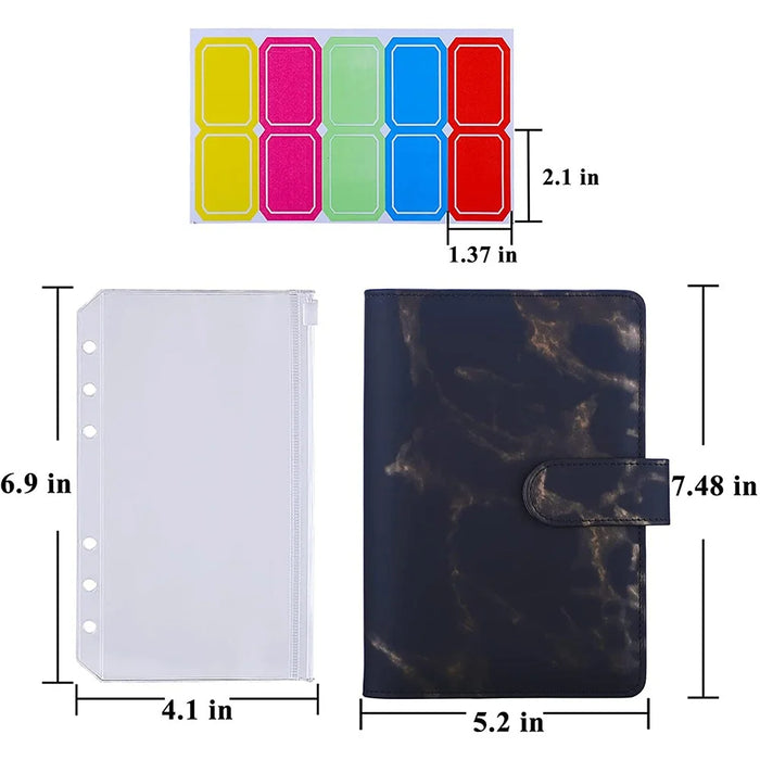 Marble Pattern A6 PU Leather Binder Magnetic Clasp 6 Rings Binder Cover Notebook with 12 PVC Pockets and 2 Random Color Label Stickers - Black - 2