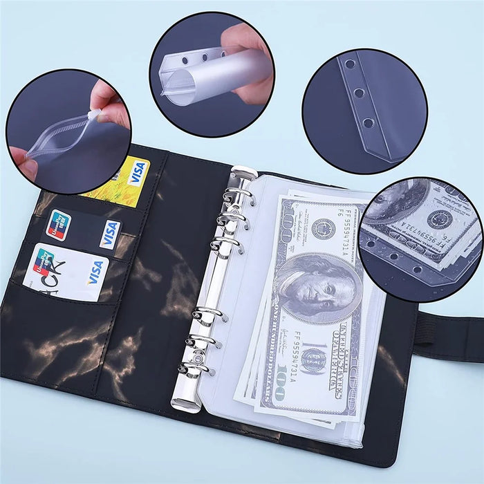 Marble Pattern A6 PU Leather Binder Magnetic Clasp 6 Rings Binder Cover Notebook with 12 PVC Pockets and 2 Random Color Label Stickers - Black - 3
