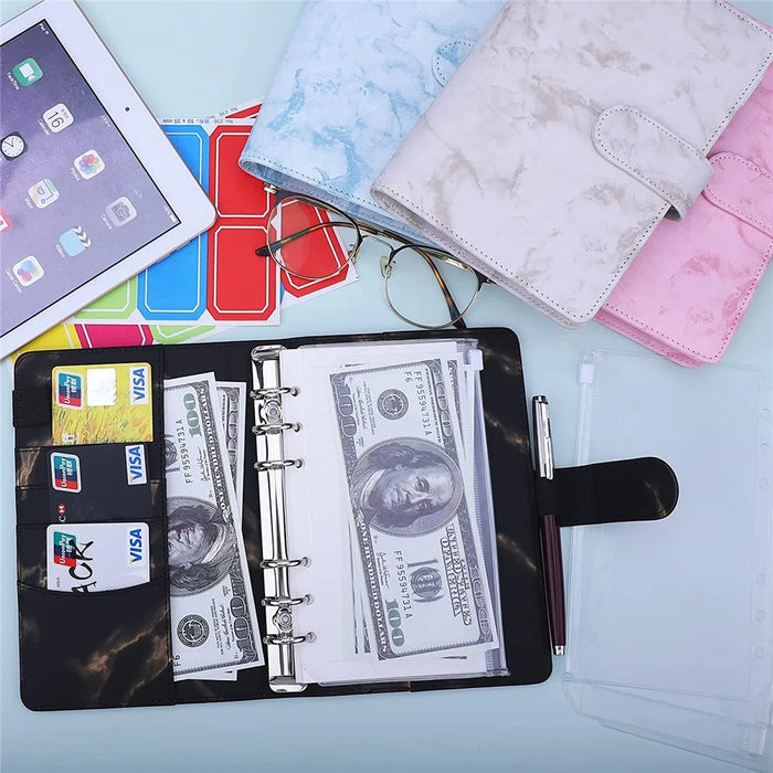 Marble Pattern A6 PU Leather Binder Magnetic Clasp 6 Rings Binder Cover Notebook with 12 PVC Pockets and 2 Random Color Label Stickers - Black - 4