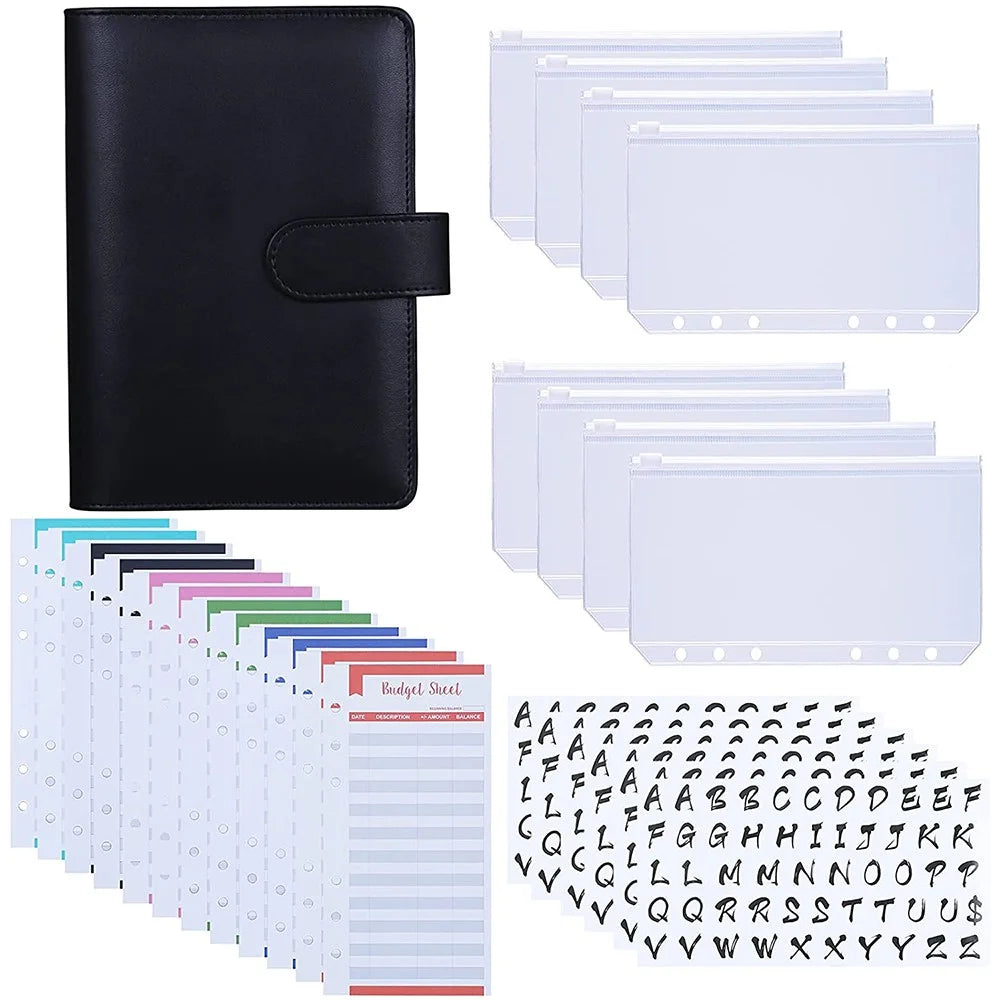 A6 Budget Binder PU Leather Budgeting Planner Organizer Book Cover with Zipper Envelopes for Budgeting, Expense Budget Sheets, Sticky Labels - Black - 1