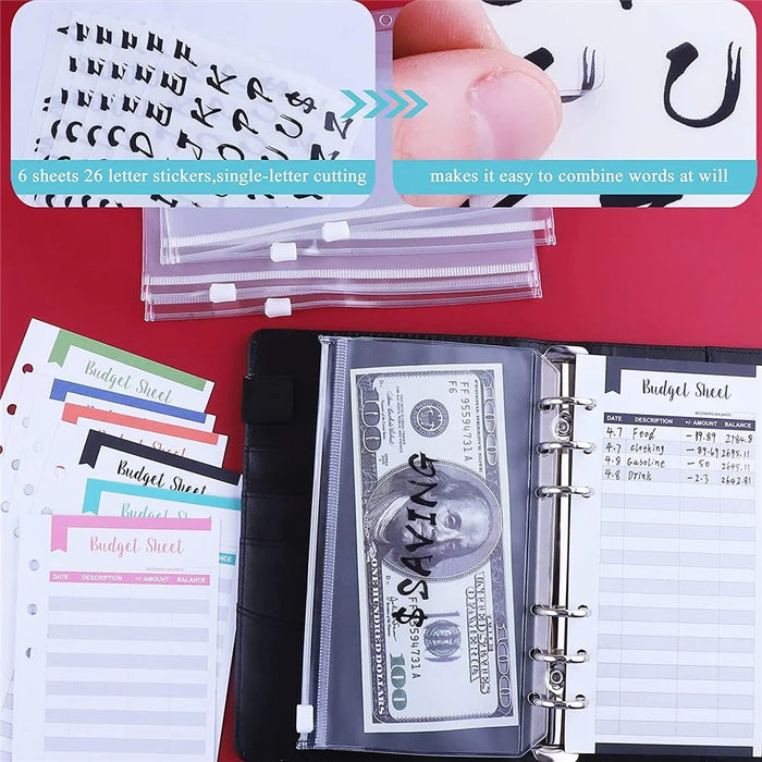 A6 Budget Binder PU Leather Budgeting Planner Organizer Book Cover with Zipper Envelopes for Budgeting, Expense Budget Sheets, Sticky Labels - Black - 3
