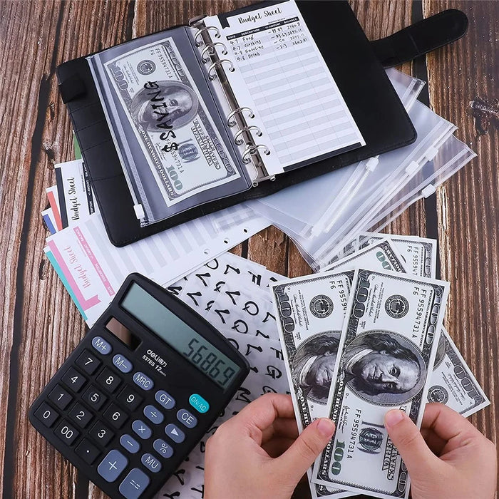 A6 Budget Binder PU Leather Budgeting Planner Organizer Book Cover with Zipper Envelopes for Budgeting, Expense Budget Sheets, Sticky Labels - Black - 4