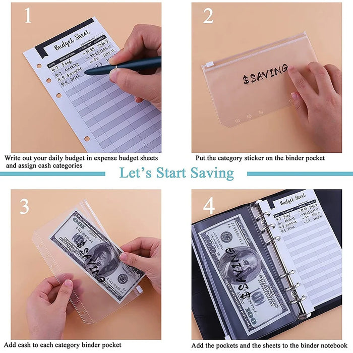 A6 Budget Binder PU Leather Budgeting Planner Organizer Book Cover with Zipper Envelopes for Budgeting, Expense Budget Sheets, Sticky Labels - Black - 6