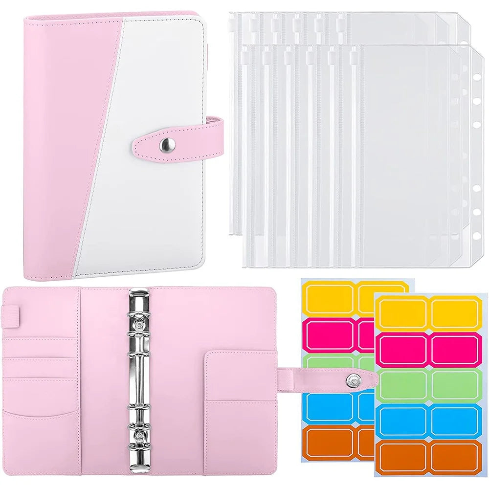 Splicing Design A6 PU Leather Binder Notebook 6 Rings Binder Cover with 12 PVC Pockets and 2 Random Color Label Stickers - Pink/White - 1