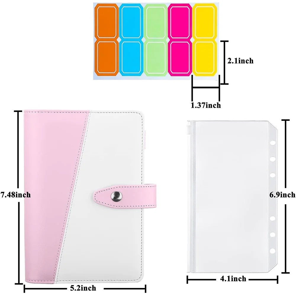 Splicing Design A6 PU Leather Binder Notebook 6 Rings Binder Cover with 12 PVC Pockets and 2 Random Color Label Stickers - Pink/White - 2