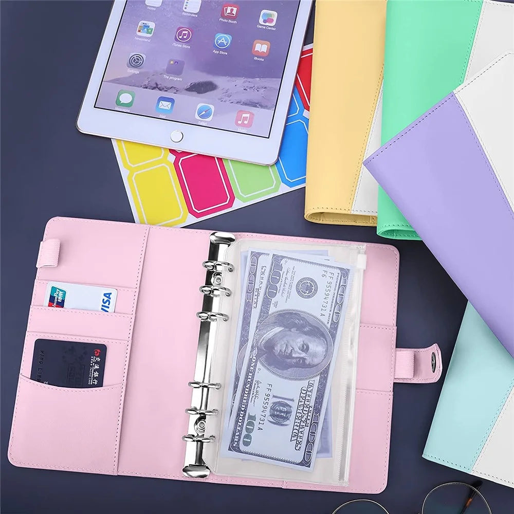 Splicing Design A6 PU Leather Binder Notebook 6 Rings Binder Cover with 12 PVC Pockets and 2 Random Color Label Stickers - Pink/White - 3