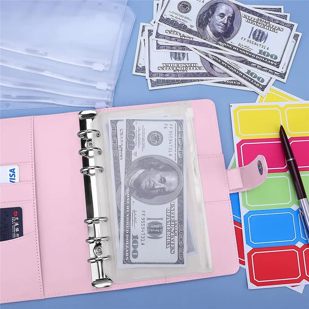 Splicing Design A6 PU Leather Binder Notebook 6 Rings Binder Cover with 12 PVC Pockets and 2 Random Color Label Stickers - Pink/White - 4
