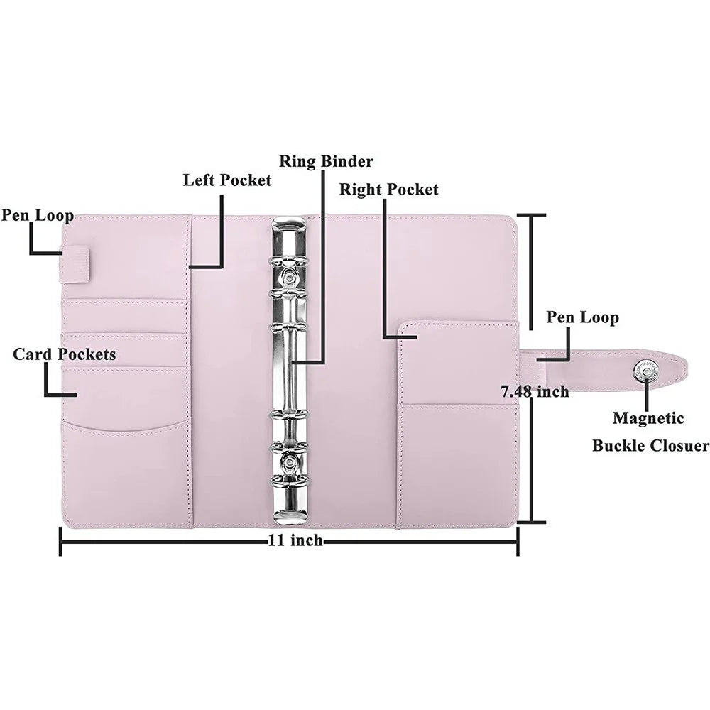 Splicing Design A6 PU Leather Binder Notebook 6 Rings Binder Cover with 12 PVC Pockets and 2 Random Color Label Stickers - Pink/White - 6