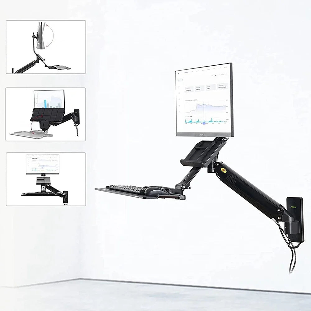 NORTH BAYOU MB32 Wall Mount Sit/Stand Workstation Adjustable 19-27 inch Monitor Holder with Keyboard Tray - 5