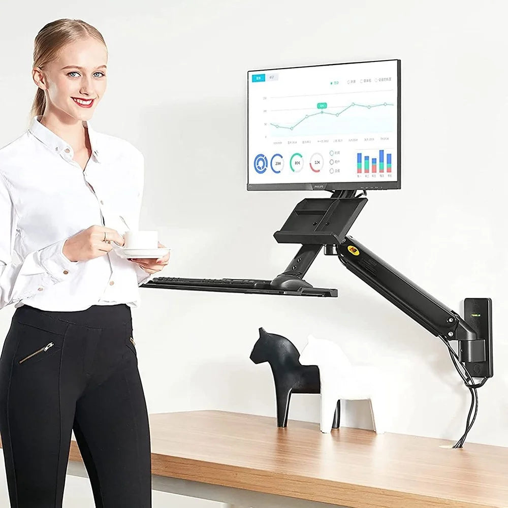 NORTH BAYOU MB32 Wall Mount Sit/Stand Workstation Adjustable 19-27 inch Monitor Holder with Keyboard Tray - 6
