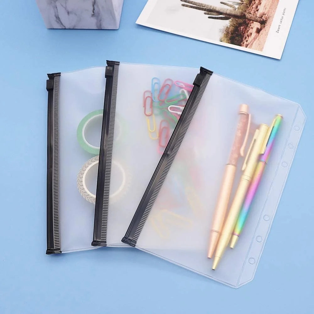 10PCS A6 Size Binder Pockets Black Zipper Binder Pouch Folders for 6-Ring Binder Loose Leaf Bags Waterproof PVC Bill Storage Bags - 2