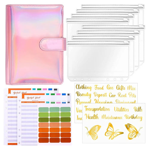 A6 PU Leather Magnetic Clasp Binder Cover Laser Design Shell with Loose Leaf PVC Bags, Expense Budget Sheets and Sticky Labels - Pink - 1