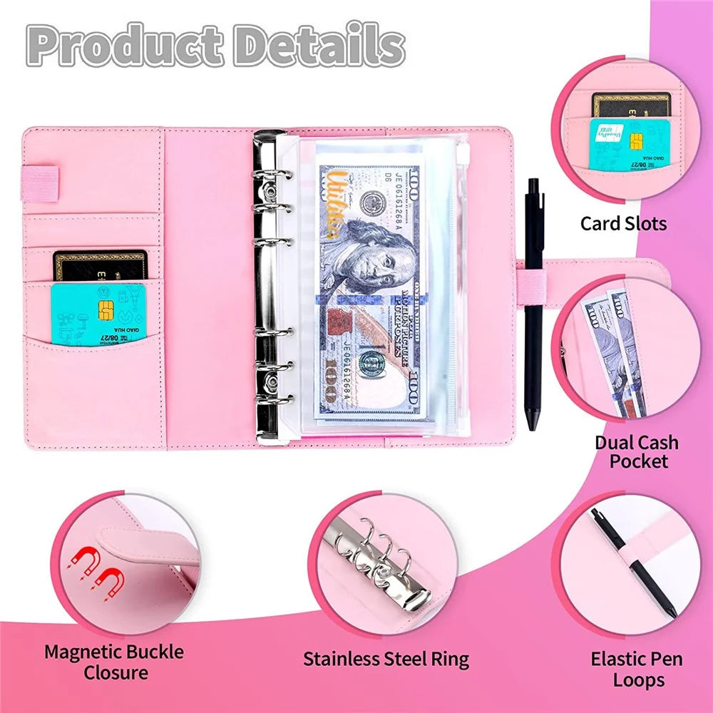 A6 PU Leather Magnetic Clasp Binder Cover Laser Design Shell with Loose Leaf PVC Bags, Expense Budget Sheets and Sticky Labels - Pink - 2