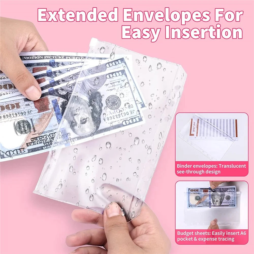 A6 PU Leather Magnetic Clasp Binder Cover Laser Design Shell with Loose Leaf PVC Bags, Expense Budget Sheets and Sticky Labels - Pink - 3