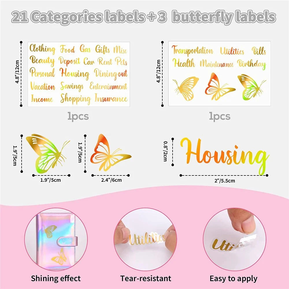 A6 PU Leather Magnetic Clasp Binder Cover Laser Design Shell with Loose Leaf PVC Bags, Expense Budget Sheets and Sticky Labels - Pink - 4
