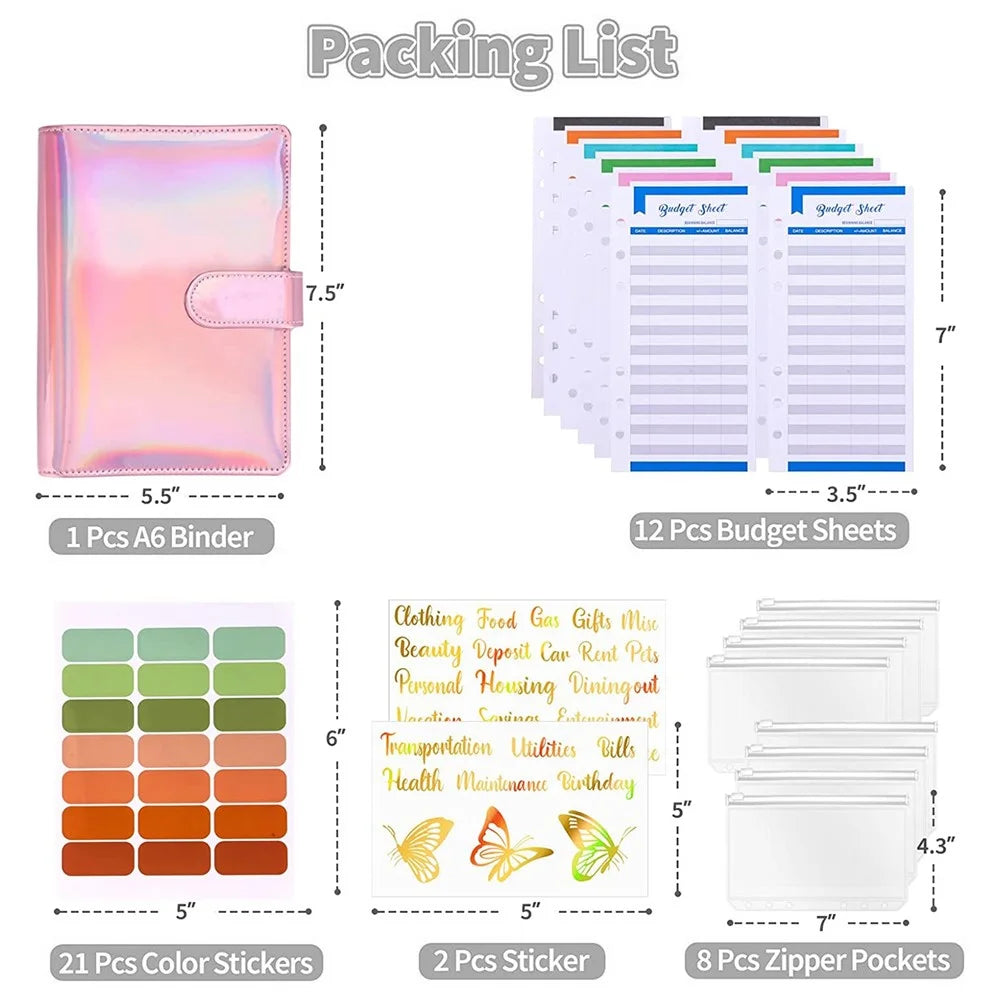 A6 PU Leather Magnetic Clasp Binder Cover Laser Design Shell with Loose Leaf PVC Bags, Expense Budget Sheets and Sticky Labels - Pink - 6