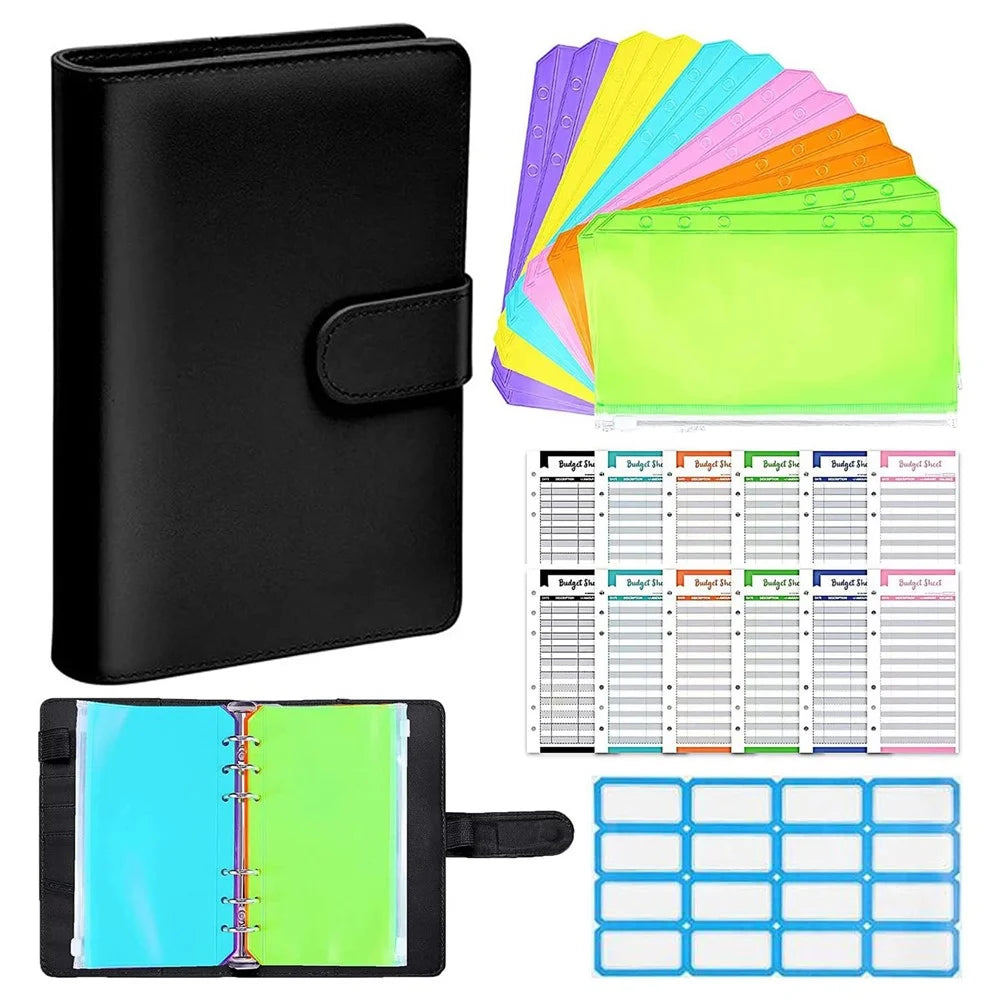A6 PU Leather Binder Cover Shell Binder Budget Planner Organizer with 12Pcs Loose Leaf PVC Bags, 12Pcs Expense Budget Sheets and 16Pcs Sticky Labels - Black - 1