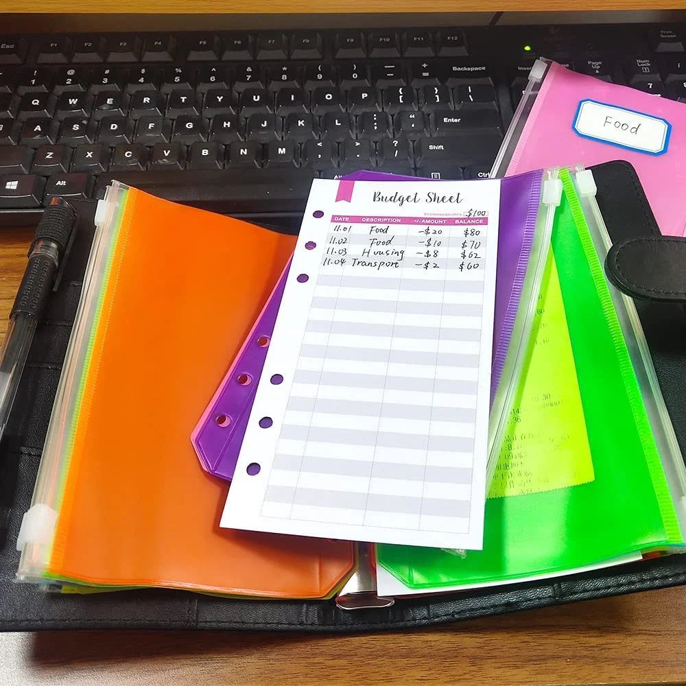 A6 PU Leather Binder Cover Shell Binder Budget Planner Organizer with 12Pcs Loose Leaf PVC Bags, 12Pcs Expense Budget Sheets and 16Pcs Sticky Labels - Black - 2