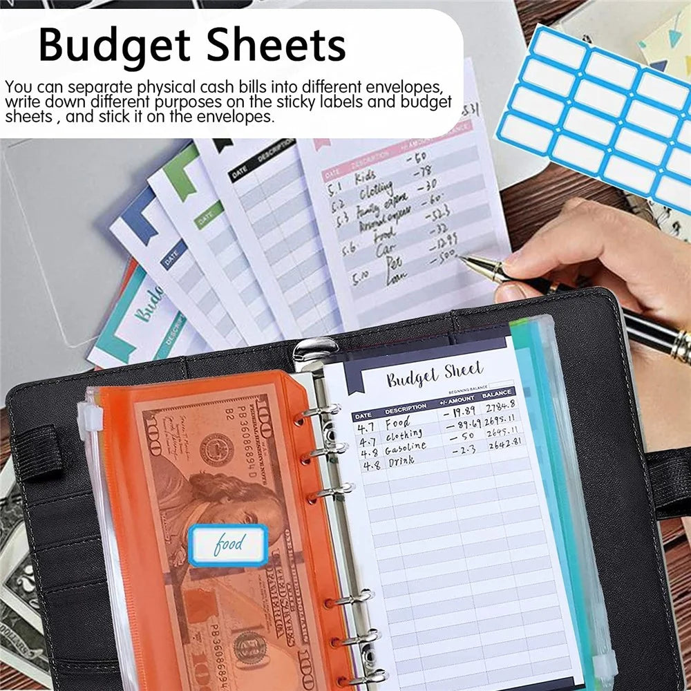 A6 PU Leather Binder Cover Shell Binder Budget Planner Organizer with 12Pcs Loose Leaf PVC Bags, 12Pcs Expense Budget Sheets and 16Pcs Sticky Labels - Black - 3