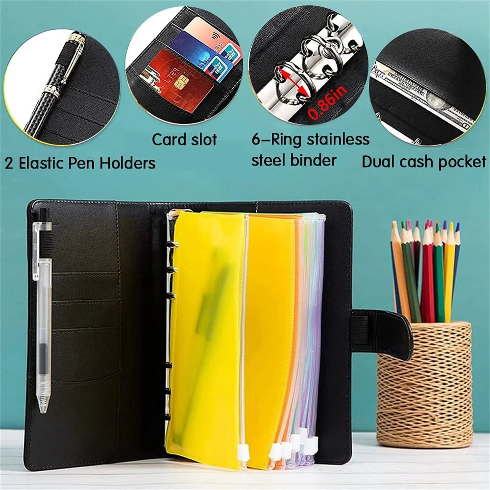 A6 PU Leather Binder Cover Shell Binder Budget Planner Organizer with 12Pcs Loose Leaf PVC Bags, 12Pcs Expense Budget Sheets and 16Pcs Sticky Labels - Black - 4
